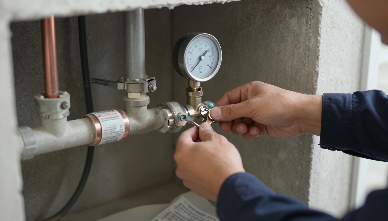 A plumber securing copper branch piping with insulated clamps inside an opened condominium suite wall near a laundry valve box