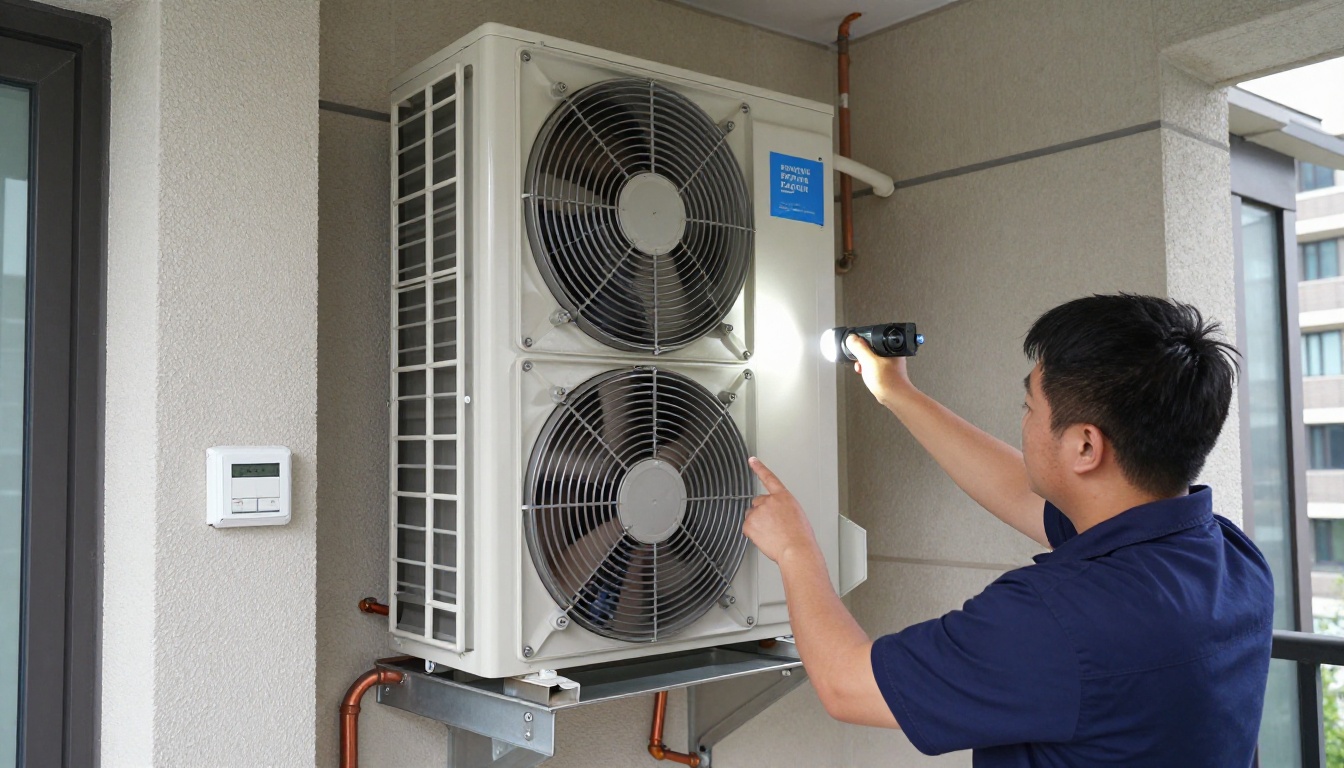 A Hudson HVAC technician inspecting a condo fan coil unit with a flashlight in a Toronto high-rise A Hudson HVAC technician inspecting a condo fan coil unit with a flashlight in a Toronto high-rise