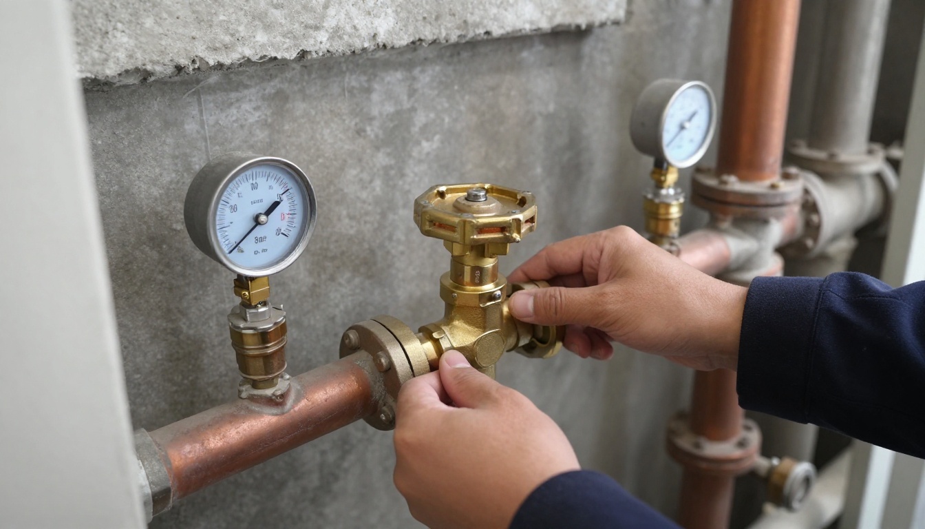 Close-up of a brass pressure reducing valve station and adjacent isolation valves on copper mains in a condominium mechanical room, with tags attached and tools set up for controlled exercising and verification Close-up of a brass pressure reducing valve station and adjacent isolation valves on copper mains in a condominium mechanical room, with tags attached and tools set up for controlled exercising and verification