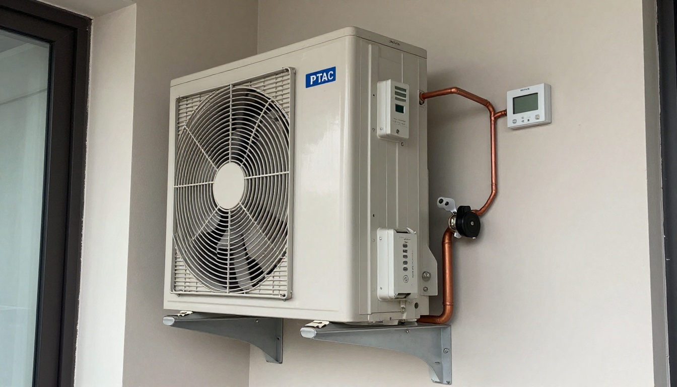 Close-up of a PTAC unit installed in a Toronto condo with a visible thermostat control panel