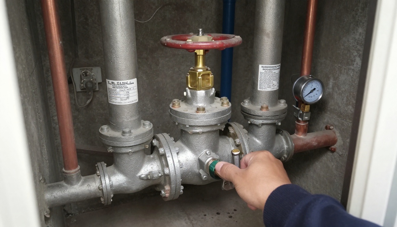 Brass and iron sectional shutoff valves on domestic water mains in a condominium mechanical room, with tagged handles, adjacent copper piping and signs of age around stems and flanges