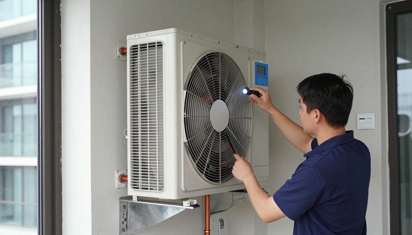 A Hudson HVAC technician inspecting a condo fan coil unit with a flashlight in a Toronto high-rise