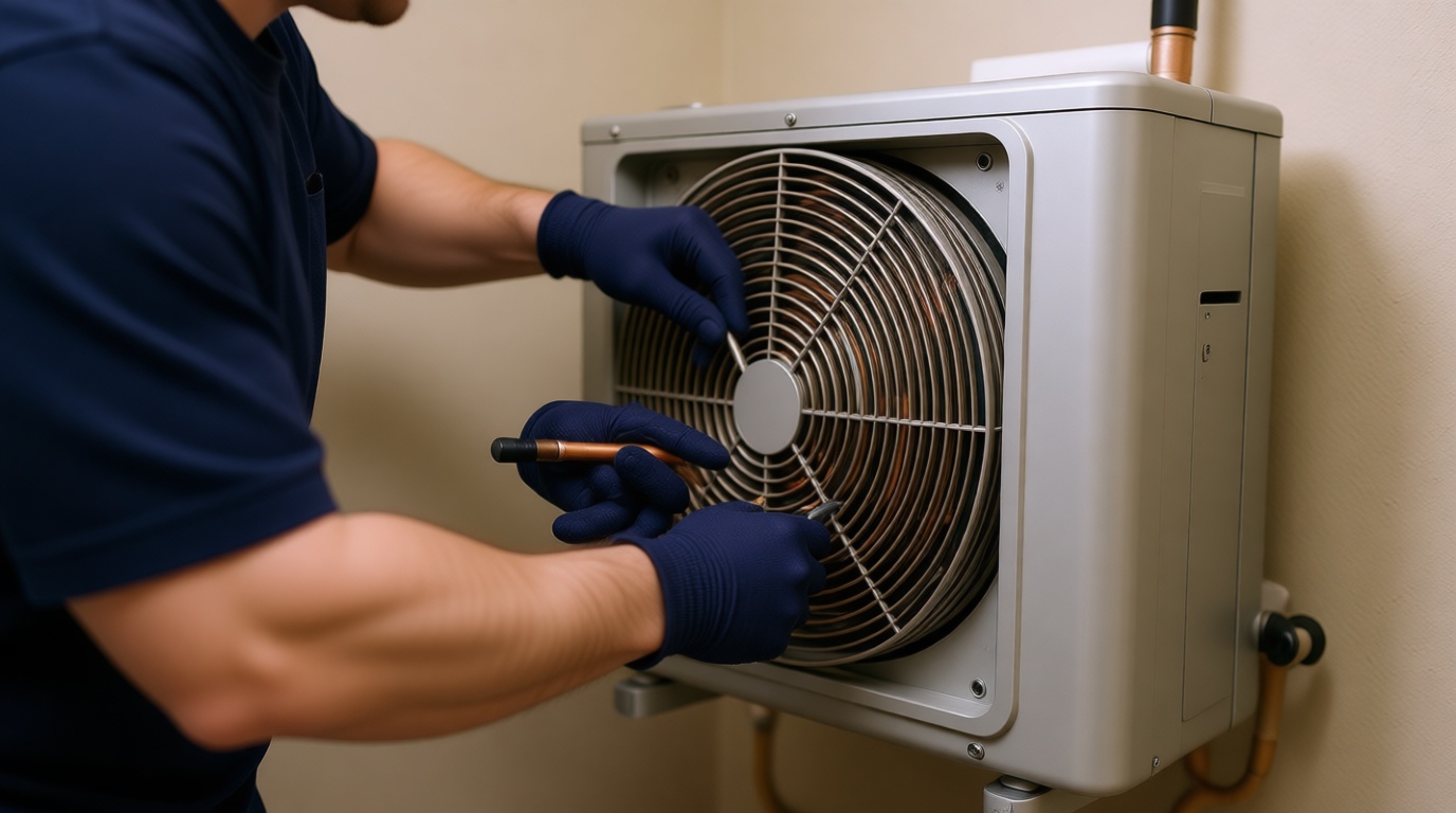 Technician in navy gloves working on a fan coil unit inside a condo.