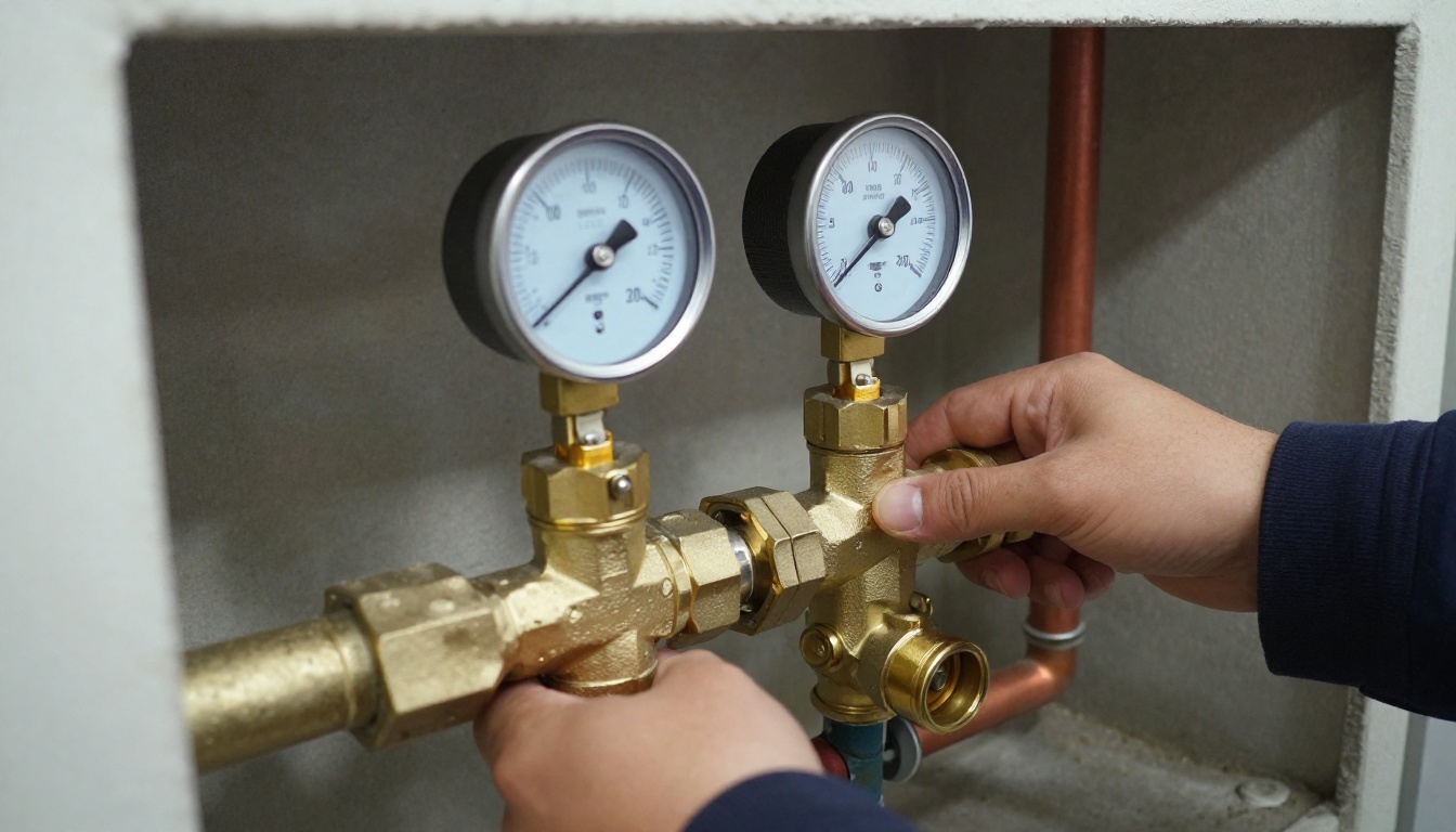 Close-up of a brass water-saving valve assembly installed on a condominium domestic water main with pressure gauges, unions and adjacent copper piping in a mechanical room