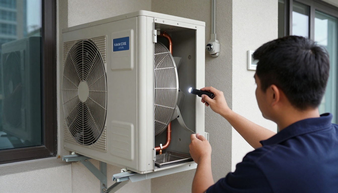 A Hudson HVAC technician inspecting a condo fan coil unit with a flashlight in a Toronto high-rise