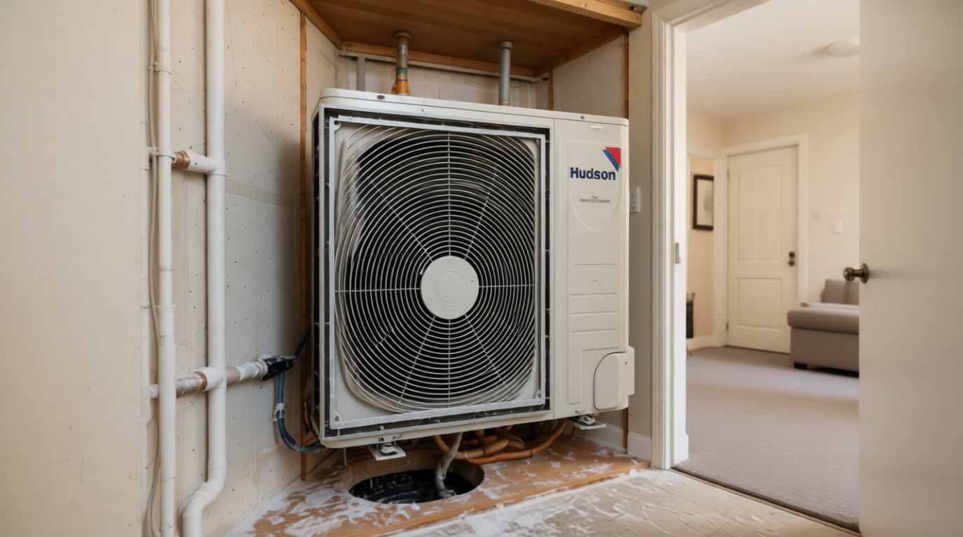 Close-up of a frozen condensate line on a fan coil unit during a Toronto winter