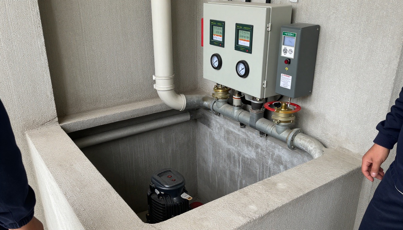 Mechanical room sump pit area in a condominium with duplex pumps, brass check valves, isolation valves, control panel and overhead discharge piping