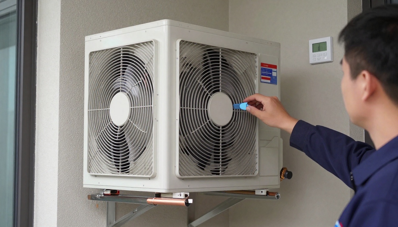 A Hudson HVAC technician inspecting a condo humidifier in a modern Toronto high-rise