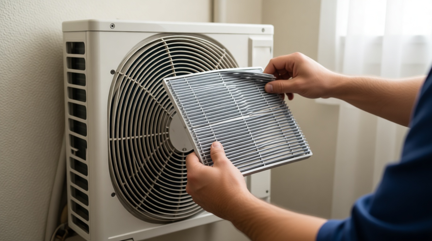 Close-up of a technician&rsquo;s hands replacing an air filter in a condo fan coil unit in Toronto