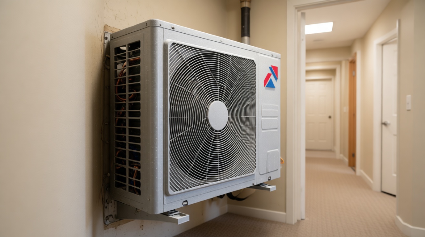 Close-up of a frozen condensate line on a fan coil unit during a Toronto winter