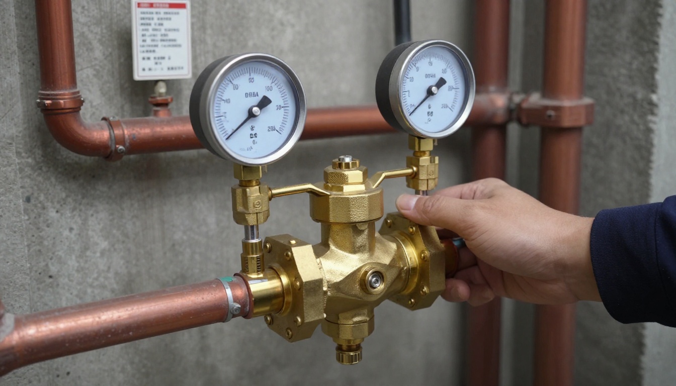 Close-up of a brass commercial pressure reducing valve with pressure gauges on the inlet and outlet sides in a condominium mechanical room, mounted on horizontal copper piping with isolation valves and tags