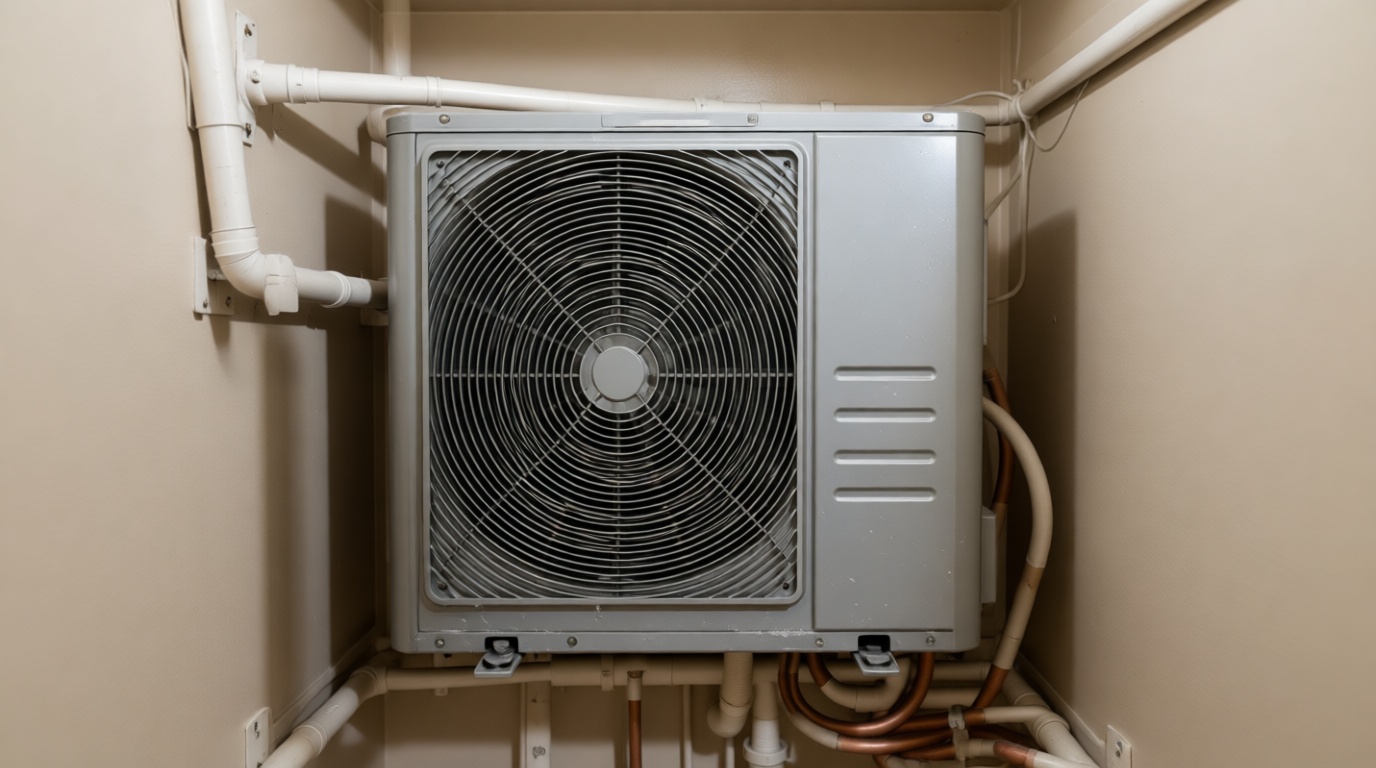 Close-up of a frozen condensate line on a fan coil unit during a Toronto winter Close-up of a frozen condensate line on a fan coil unit during a Toronto winter