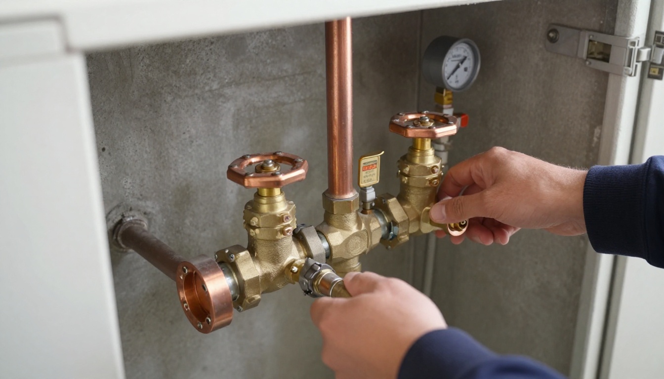 Brass water-saving valve installed on a copper domestic water main in a condominium mechanical room, with adjacent isolation valves, unions and pressure gauges