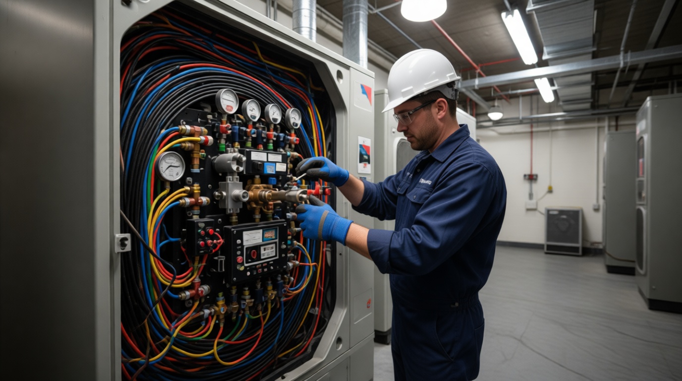 Technician&rsquo;s hands in gloves inspecting or replacing an expansion valve in a heat pump.