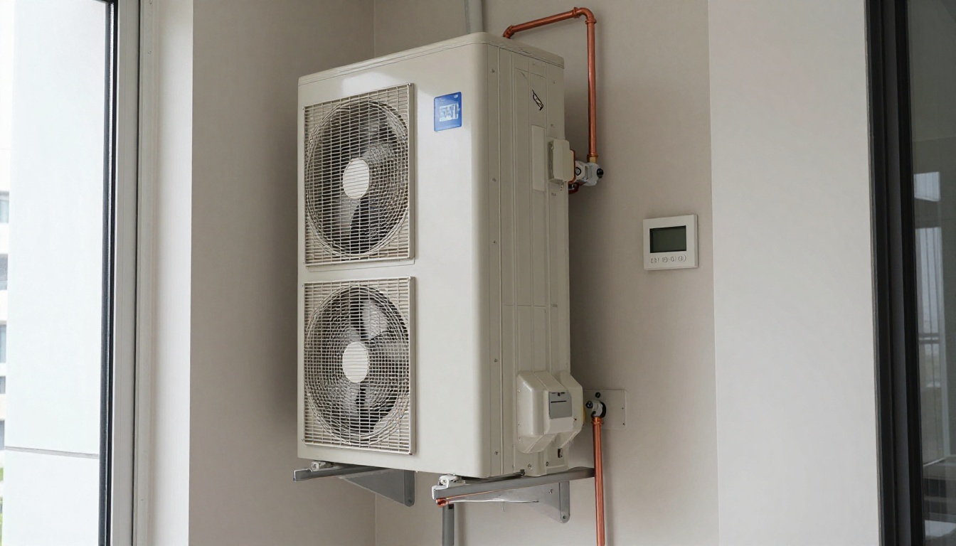 In-suite condo heat pump cabinet installation inside a Mississauga high-rise mechanical closet, clean indoor setting, one technician optional In-suite condo heat pump cabinet installation inside a Mississauga high-rise mechanical closet, clean indoor setting, one technician optional