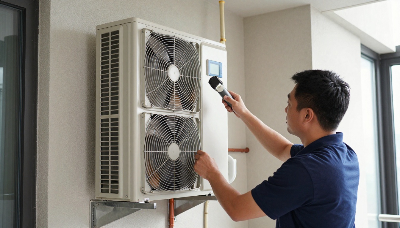 A Hudson HVAC technician inspecting a condo fan coil unit with a flashlight in a Toronto high-rise A Hudson HVAC technician inspecting a condo fan coil unit with a flashlight in a Toronto high-rise