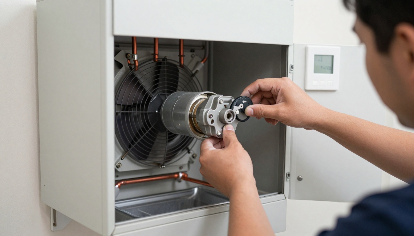 Technician&rsquo;s hands in navy gloves replacing a zone valve in a condo HVAC system, showing the detailed process.