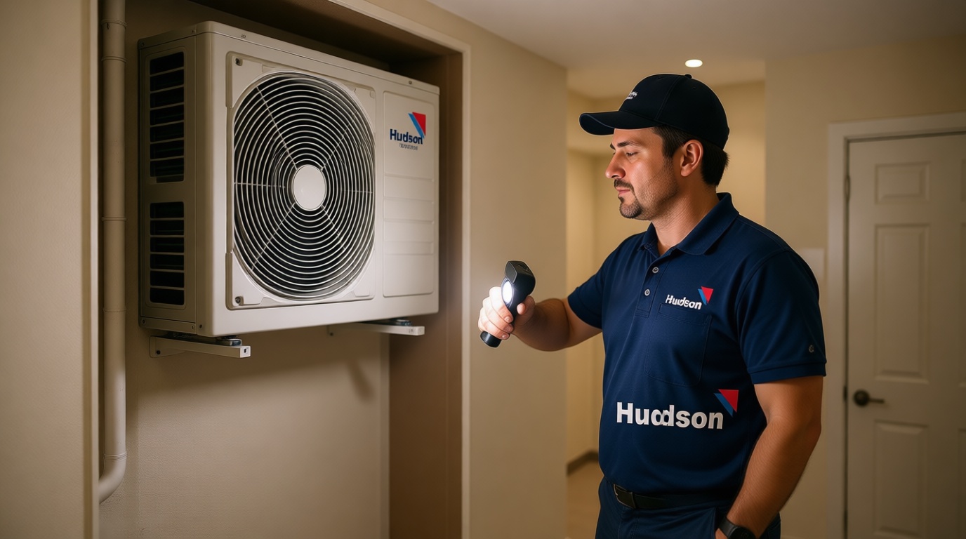 A Hudson HVAC technician inspecting a condo fan coil unit with a flashlight in a Toronto high-rise A Hudson HVAC technician inspecting a condo fan coil unit with a flashlight in a Toronto high-rise