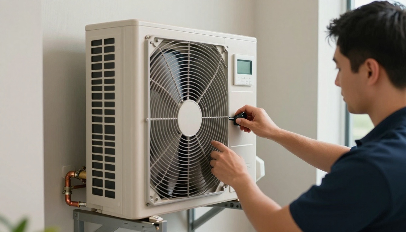 Close-up of an HVAC technician working on a fan coil unit inside a Mississauga condo. Photorealistic. Natural lighting.