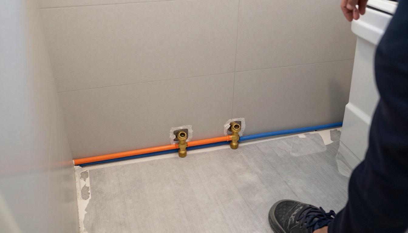 Open wall in a condominium bathroom showing orange and blue plastic water lines with brass fittings, protective floor covering below, and surrounding finished surfaces carefully contained