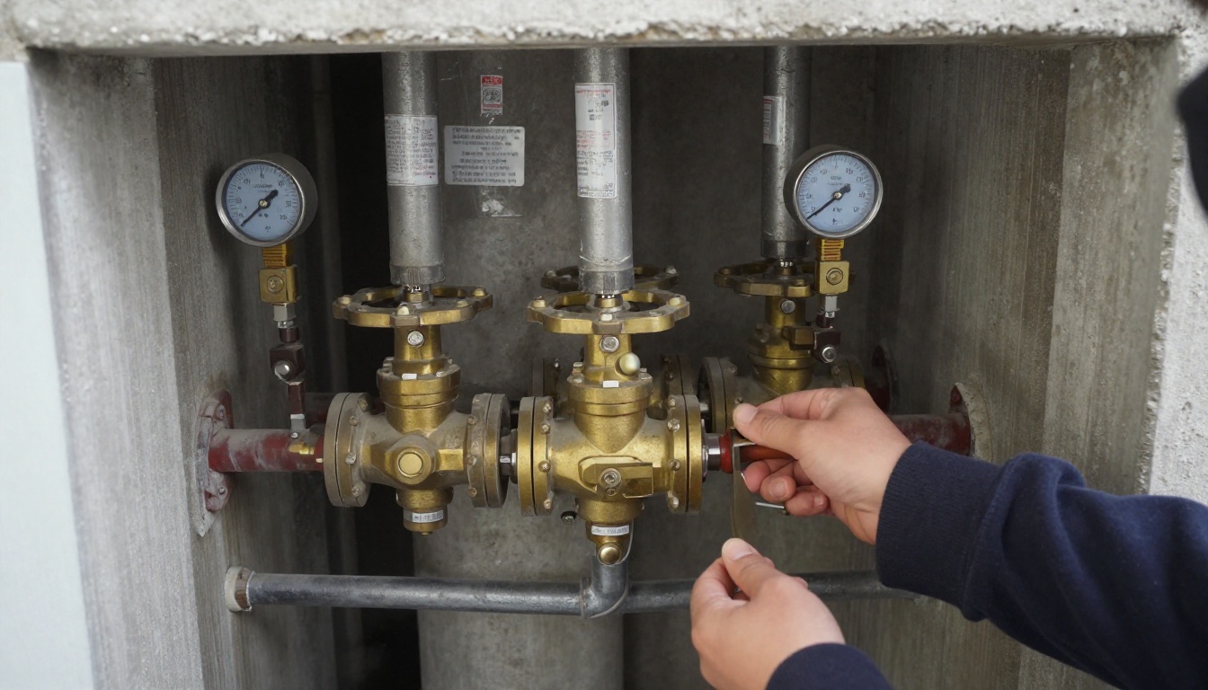 A condominium mechanical room in an older Etobicoke tower showing brass and iron isolation valves on domestic water piping, some tagged and some untagged, with clear signs of age and maintenance access constraints A condominium mechanical room in an older Etobicoke tower showing brass and iron isolation valves on domestic water piping, some tagged and some untagged, with clear signs of age and maintenance access constraints