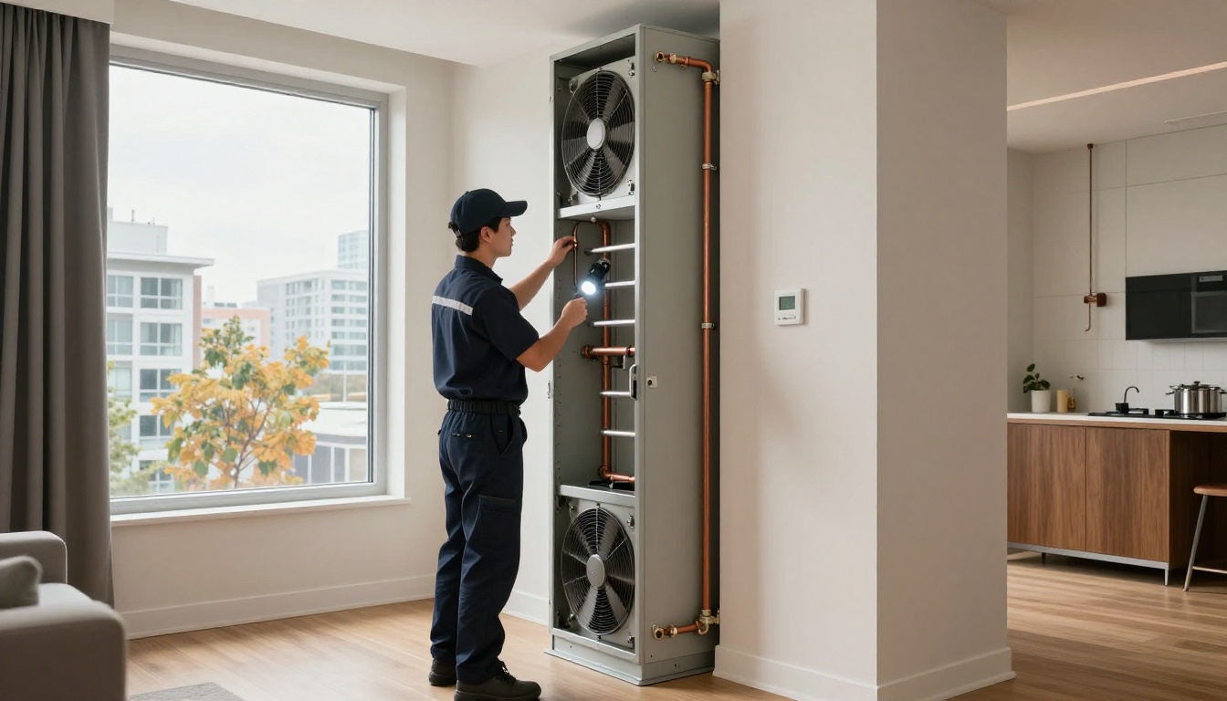 A Hudson HVAC technician in a dark navy uniform opening a tall vertical condo fan coil cabinet in a modern Toronto high-rise suite closet, inspecting the blower and filter with a flashlight, fall daylight through the window