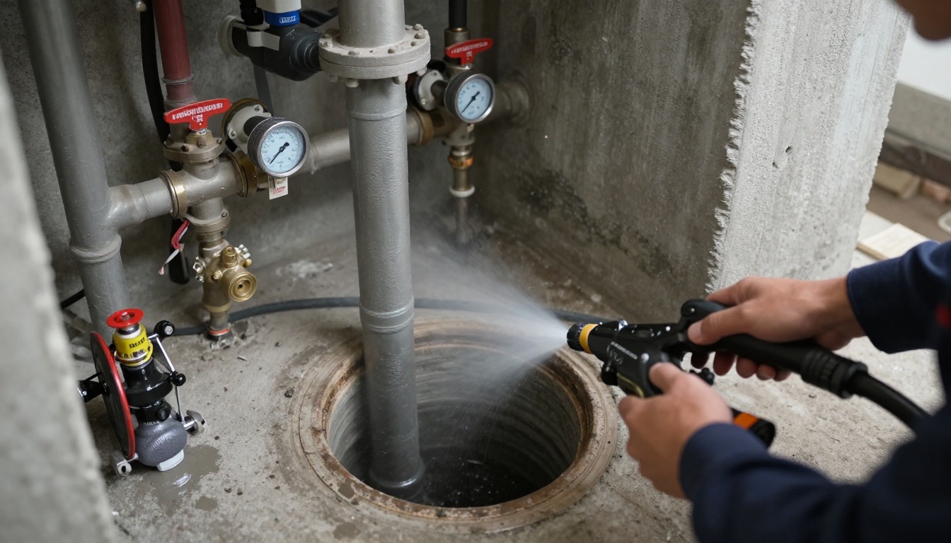 A plumber&rsquo;s gloved hands feeding a high-pressure jetting hose into a cast iron kitchen stack cleanout in a condominium mechanical room, with a dull grey 4-inch stack, hose reel, wet vacuum, and valve tags visible