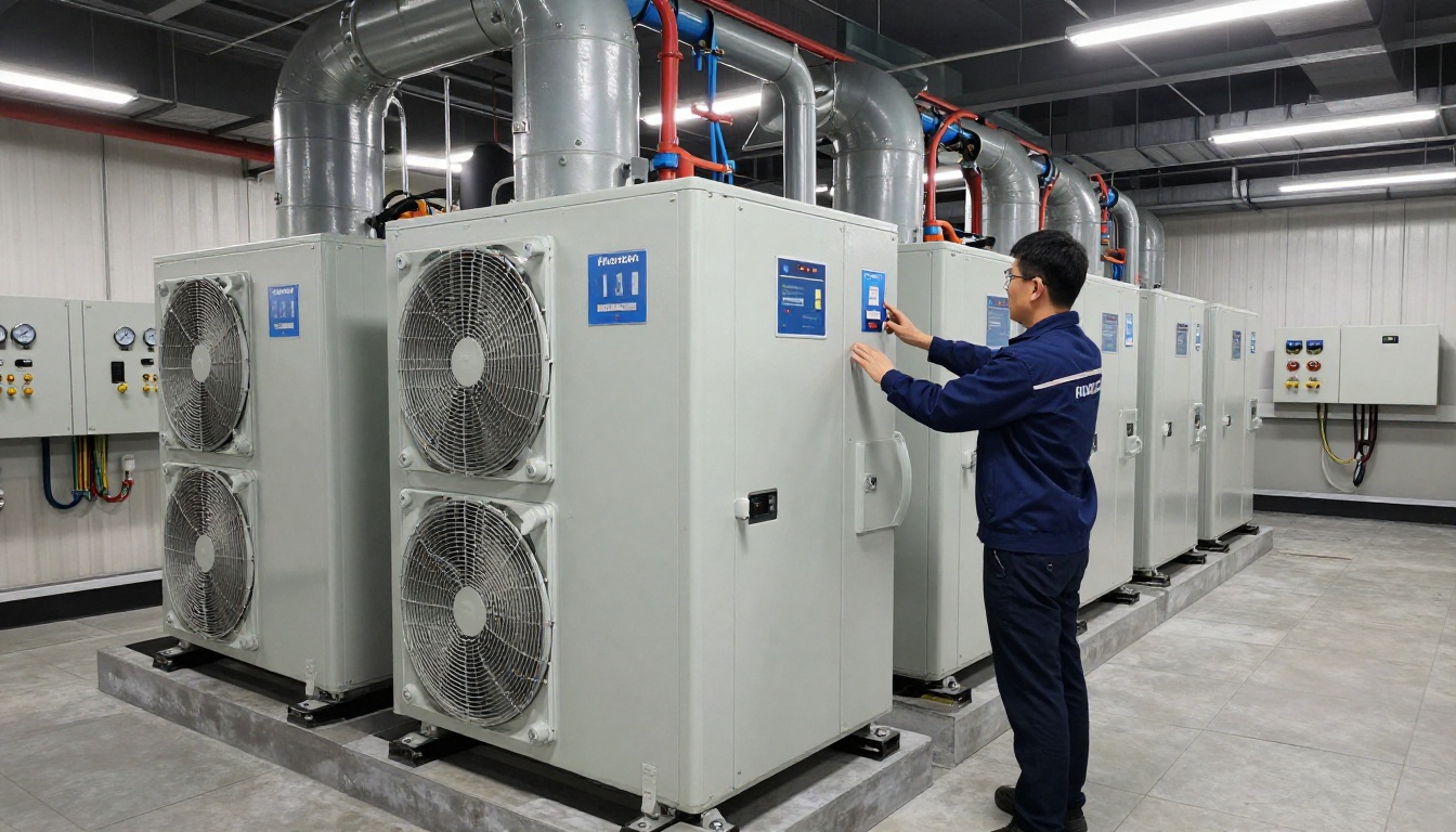 A Hudson HVAC technician inspecting a condo generator unit in a Toronto high-rise mechanical room