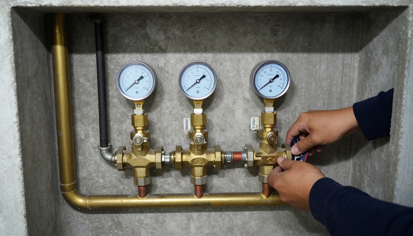 Condominium mechanical room domestic water piping with brass pressure reducing valves, isolation valves, gauges and insulated copper mains prepared for planned shutdown work