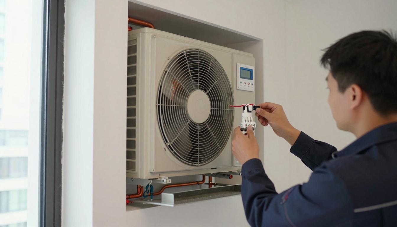 A technician&rsquo;s hands checking thermostat wiring and a condo HVAC equipment label during a renovation pre-inspection in a Toronto high-rise suite