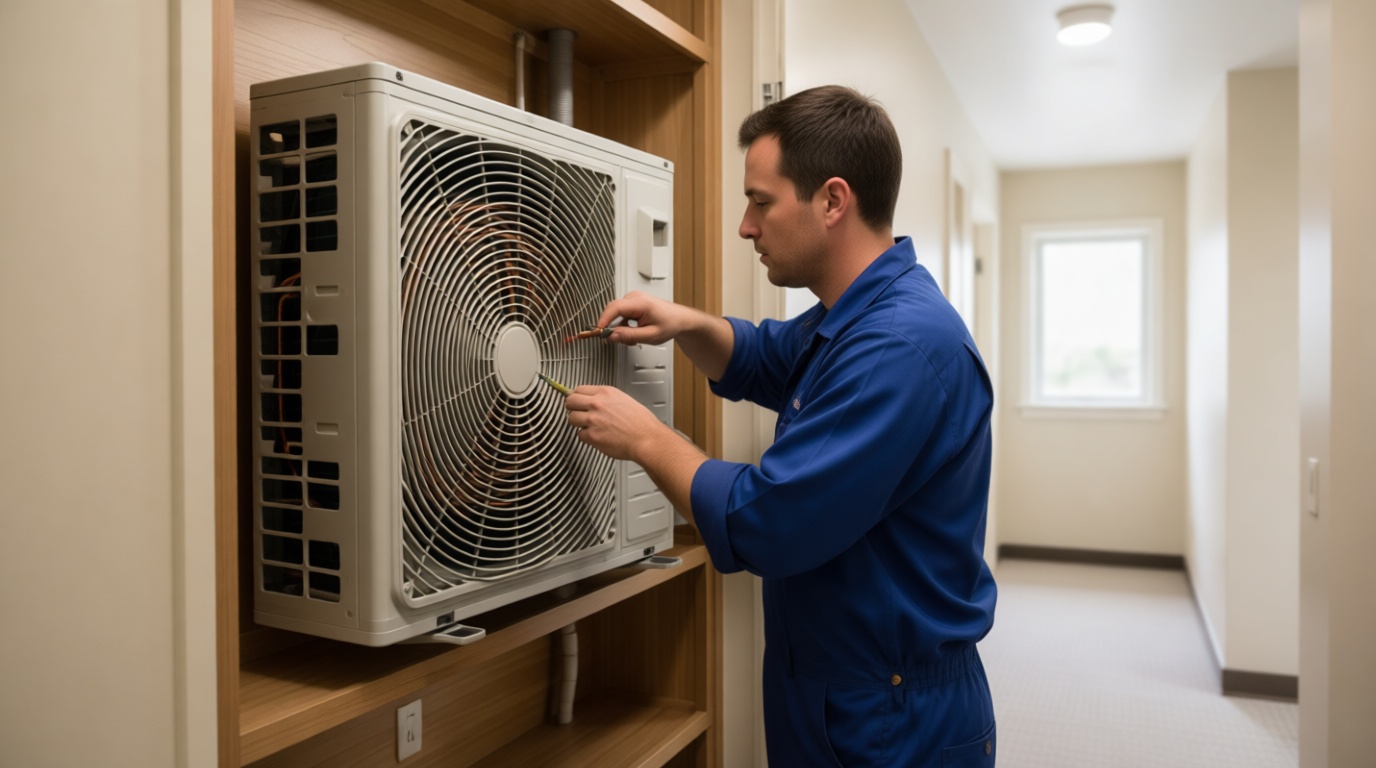 Close-up of a technician&rsquo;s hands working on a fan coil unit during a spring maintenance check in a Toronto condo
