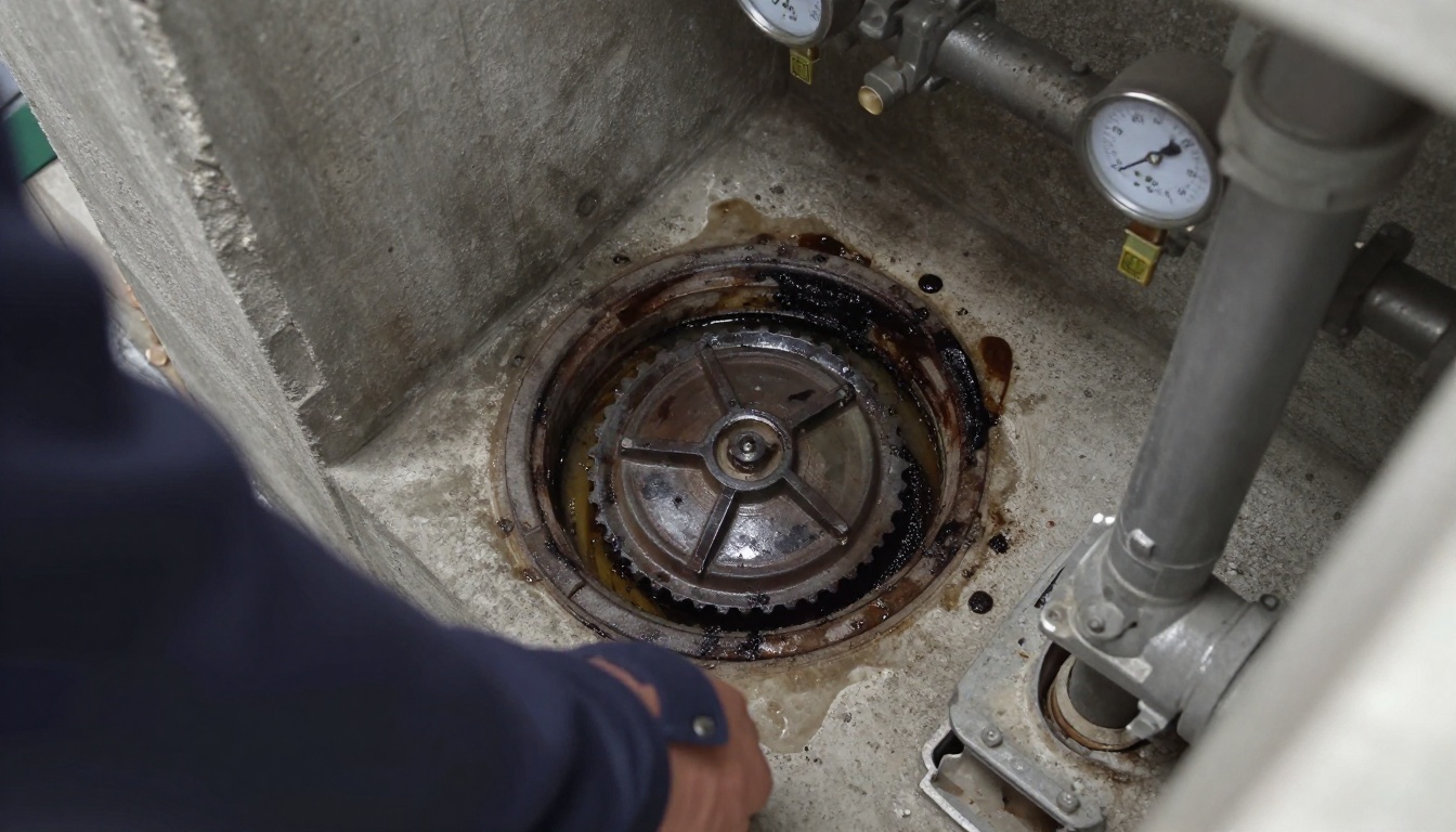 Close-up of the inside of a removed cast iron cleanout cap and adjacent stack opening showing heavy grease and scale buildup in a condominium kitchen waste stack, with practical mechanical room lighting