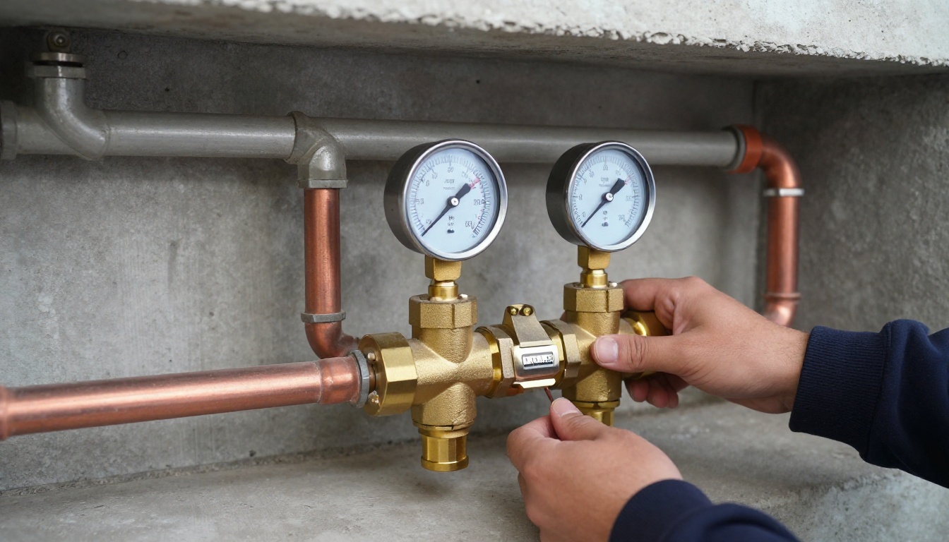 Close-up of a brass pressure reducing valve station with pressure gauges on copper domestic water lines in a high-rise condominium mechanical room