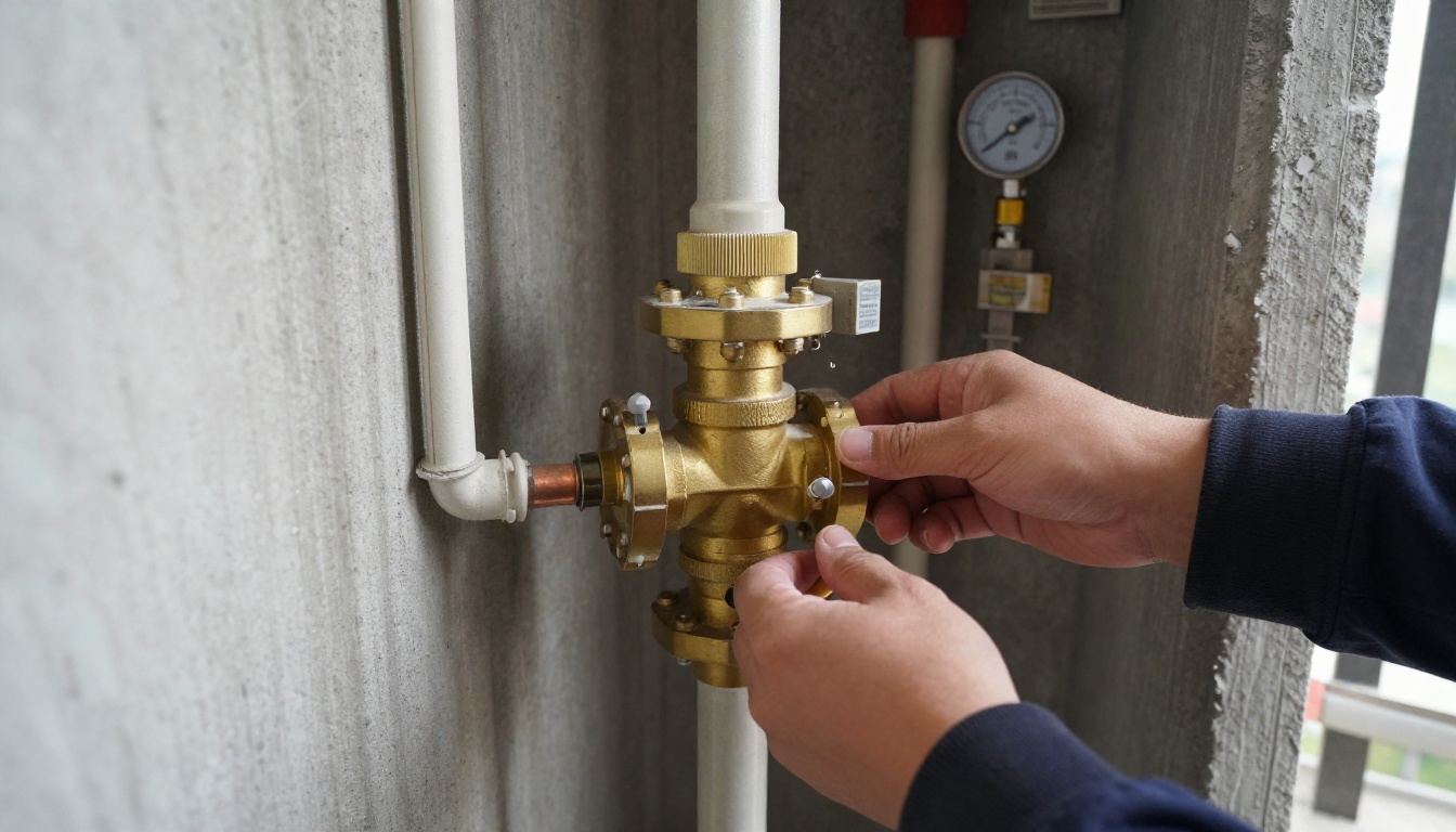 Close-up of a large brass or grooved sectional isolation valve being installed on a vertical domestic water riser in a condominium riser closet, with copper piping, valve tags, insulation removed, and tight high-rise shaft conditions Close-up of a large brass or grooved sectional isolation valve being installed on a vertical domestic water riser in a condominium riser closet, with copper piping, valve tags, insulation removed, and tight high-rise shaft conditions