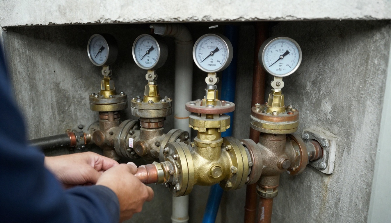 Mechanical room domestic water piping with older brass and iron isolation valves on copper mains, some tagged and some corroded, with clear view of flanges, stems and adjacent gauges