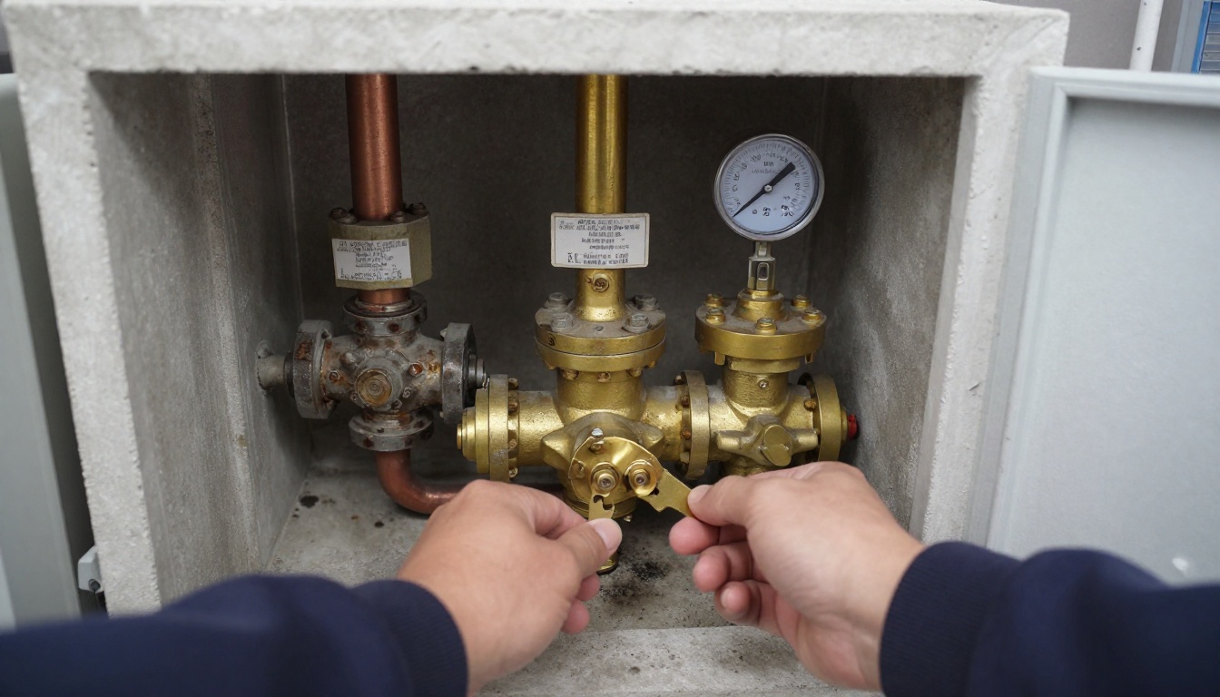 Brass and iron sectional shutoff valves on domestic water piping in an older condominium mechanical room, with corrosion, identification tags, and adjacent insulated copper mains