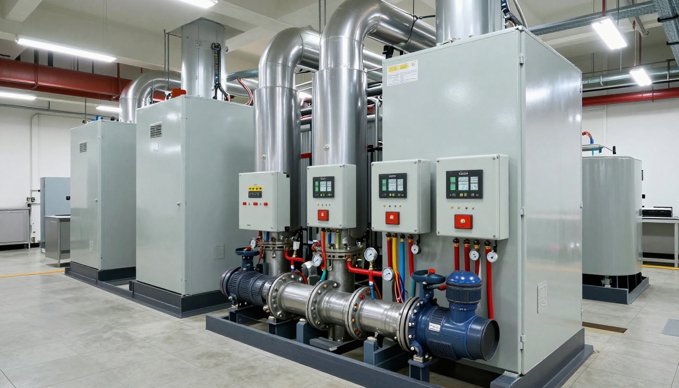Close-up of a boiler system with control panels in a condo mechanical room during spring maintenance
