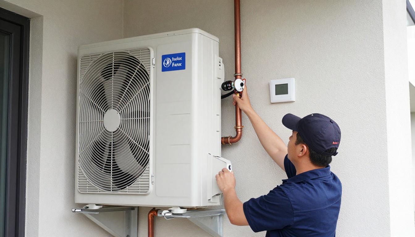 A Hudson HVAC technician inspecting a heat pump unit inside a modern Toronto condo