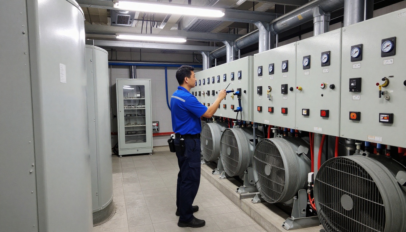 A Hudson HVAC technician inspecting a variable frequency drive installation in a Toronto condo mechanical room