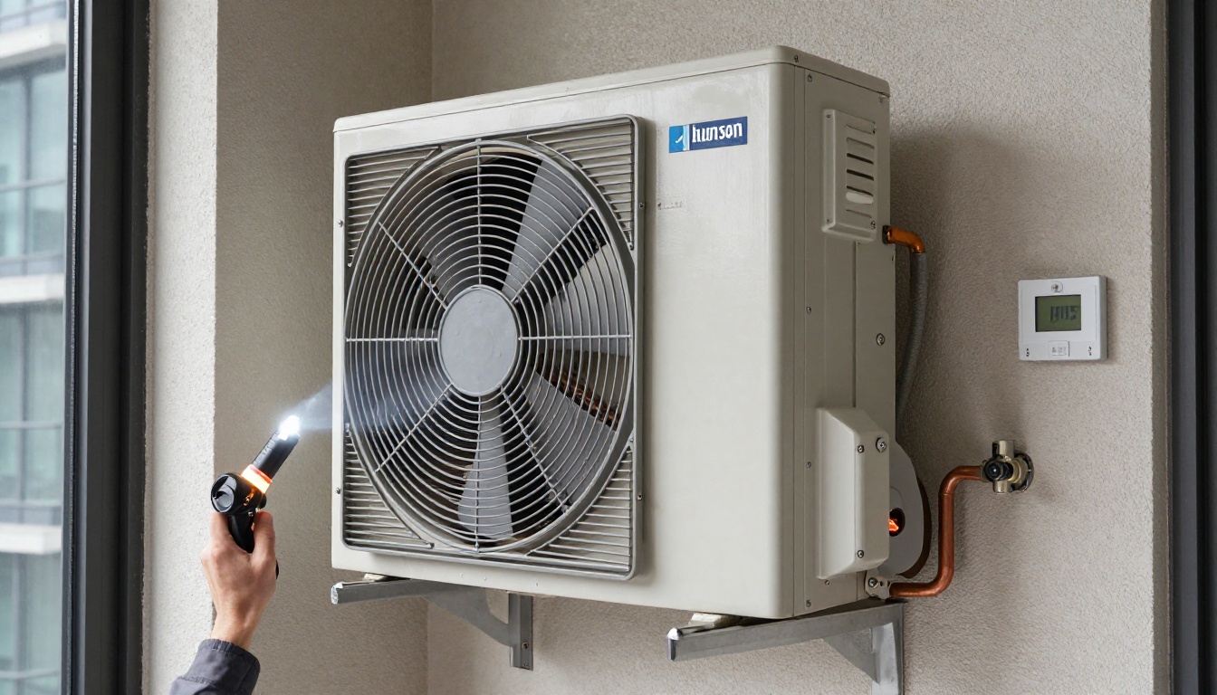 A Hudson HVAC technician inspecting a condo fan coil unit with a flashlight in a Toronto high-rise A Hudson HVAC technician inspecting a condo fan coil unit with a flashlight in a Toronto high-rise