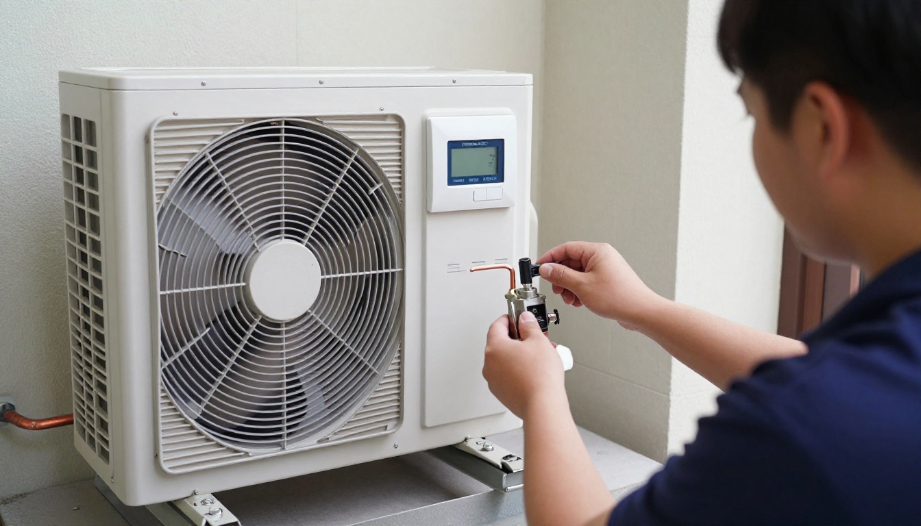 A Hudson HVAC technician inspecting a heat pump&rsquo;s reversing valve in a Toronto condo
