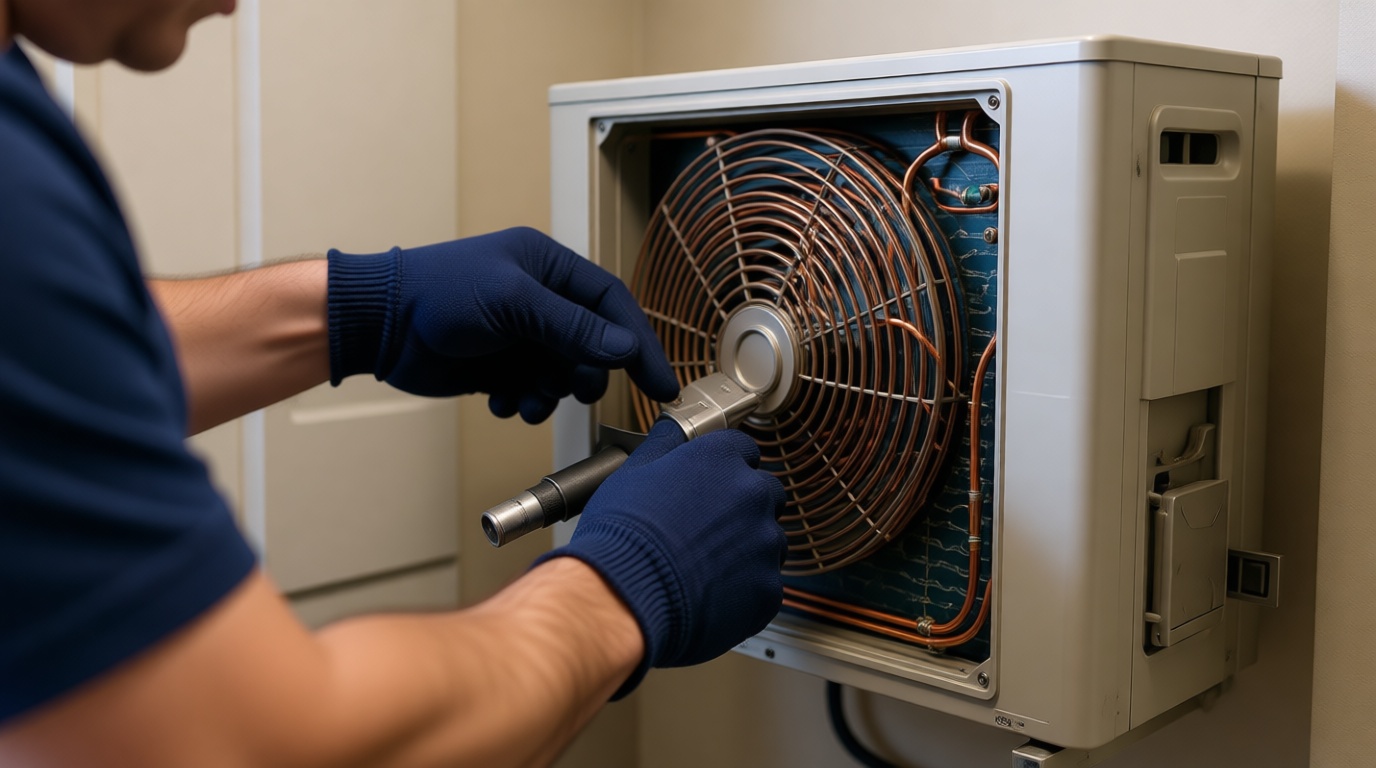 Technician performing maintenance on a heat pump unit inside a condo Technician performing maintenance on a heat pump unit inside a condo