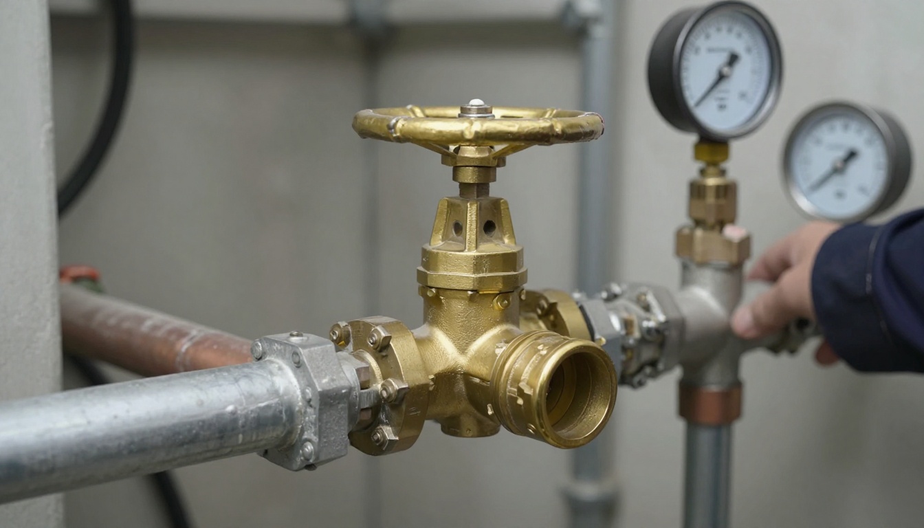 A close-up of an older brass gate valve with a missing or worn handwheel on a domestic water line in a condominium mechanical room, with nearby tagged replacement ball valves and a pressure gauge visible