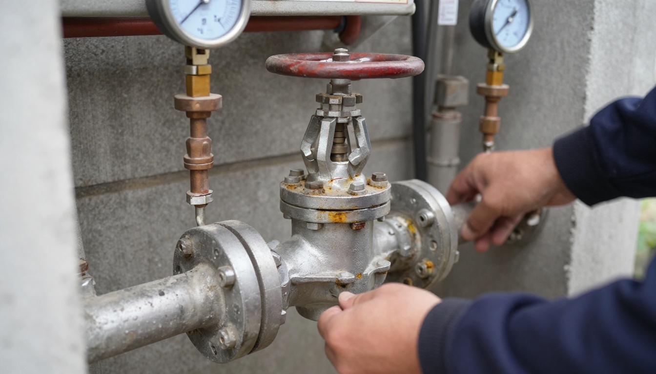 Close-up of an older flanged gate valve on a condominium domestic water line in a mechanical room, with visible corrosion at flange bolts and a pressure gauge nearby Close-up of an older flanged gate valve on a condominium domestic water line in a mechanical room, with visible corrosion at flange bolts and a pressure gauge nearby