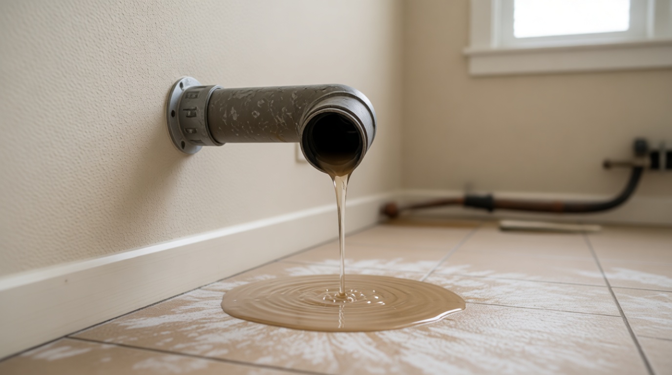 Close-up of a clogged condensate line with water dripping onto a condo floor
