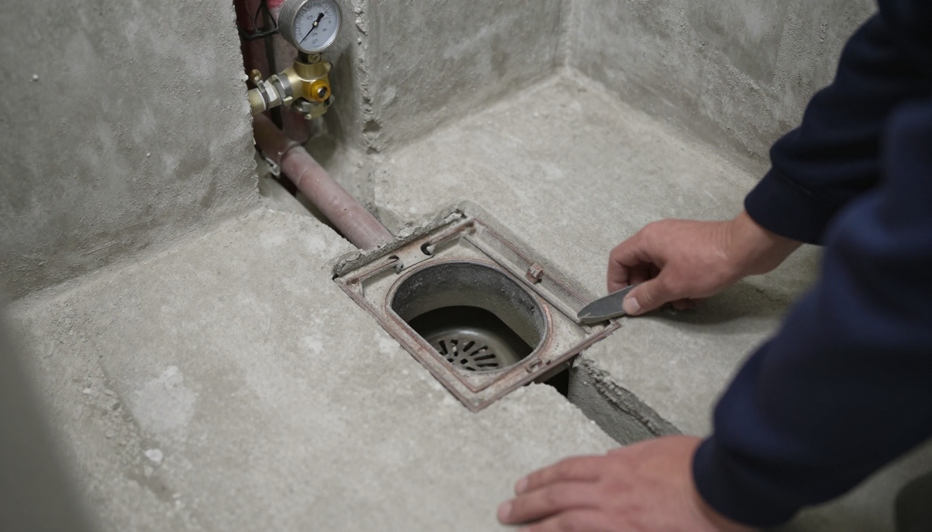 Close-up of an older condominium floor drain with the strainer removed, visible trap water and surrounding concrete floor in a North York service room, with plumbing inspection tools nearby