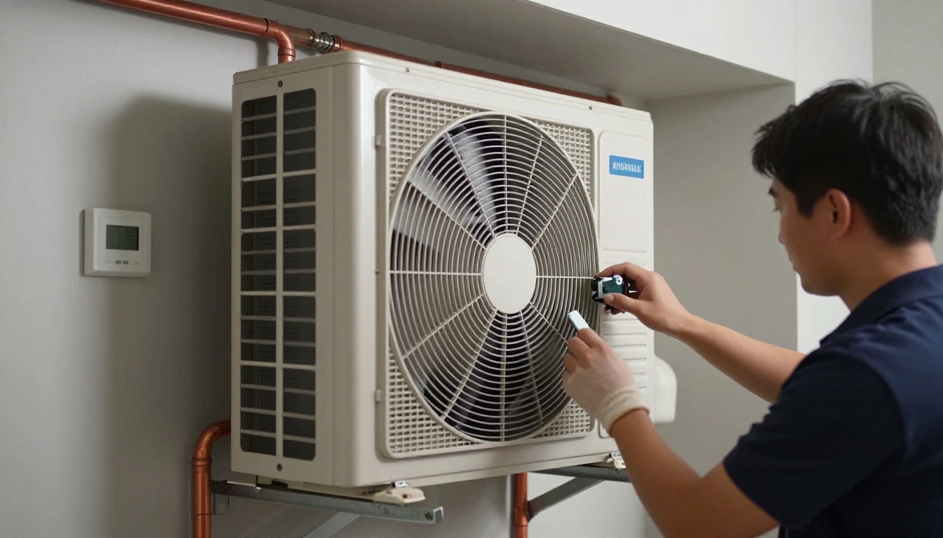 A close-up of a tall vertical condo fan coil unit opened in a Toronto suite closet, showing the blower section, hydronic coil, copper piping, and a technician&rsquo;s gloved hands inspecting an actuator