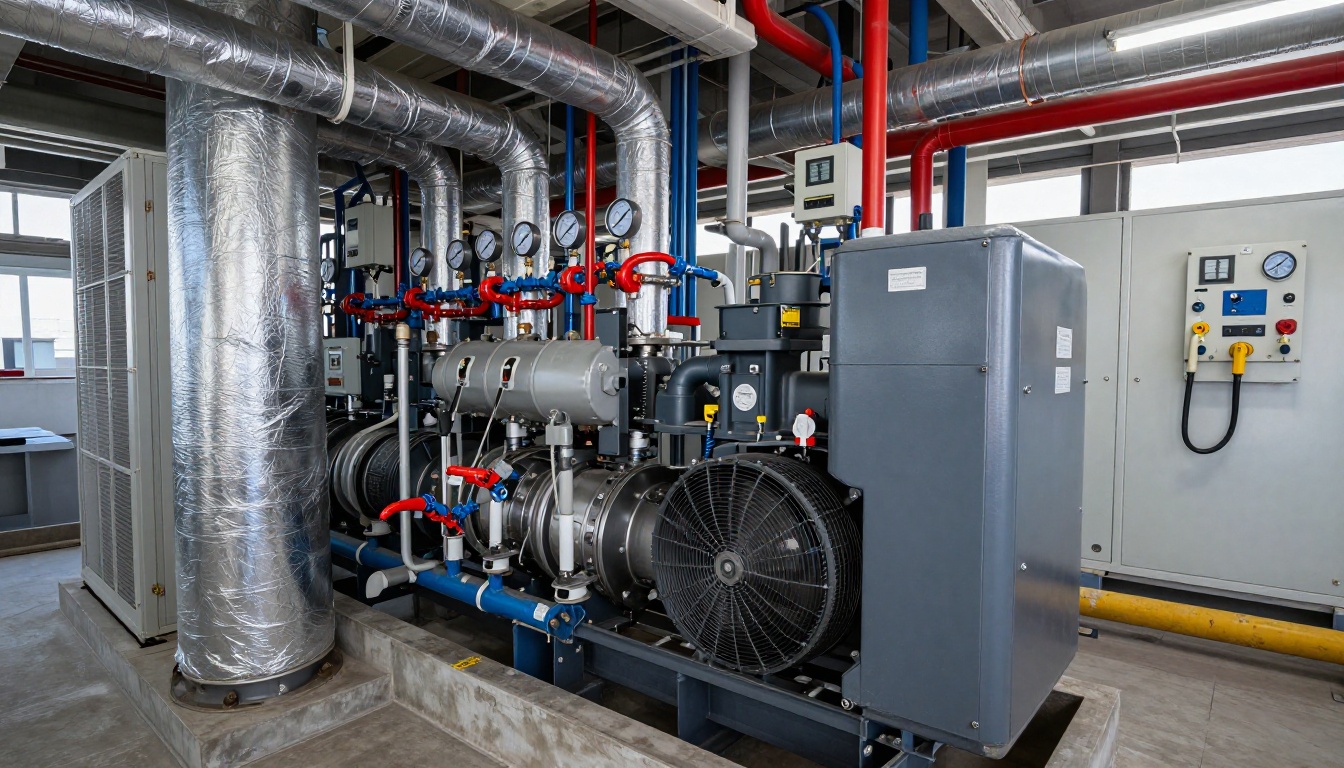 Extreme close-up of a condo building chiller installed in a mechanical room, showing insulated chilled water piping, gauges, control wiring, compressor housing, and service labels inside an indoor plant environment