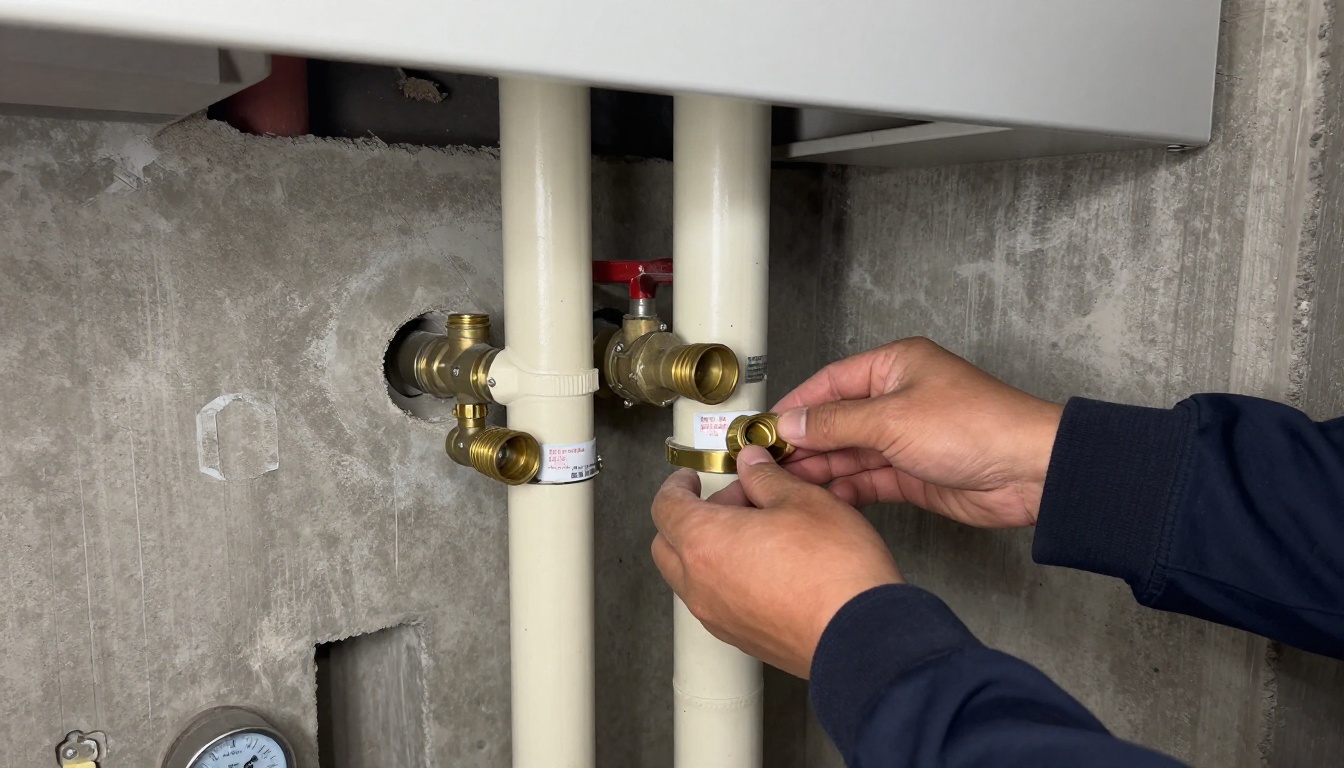 Insulated domestic water risers in an occupied condominium service shaft with newly installed brass isolation valves, couplings, fresh tags and reinstated firestopping around wall penetrations