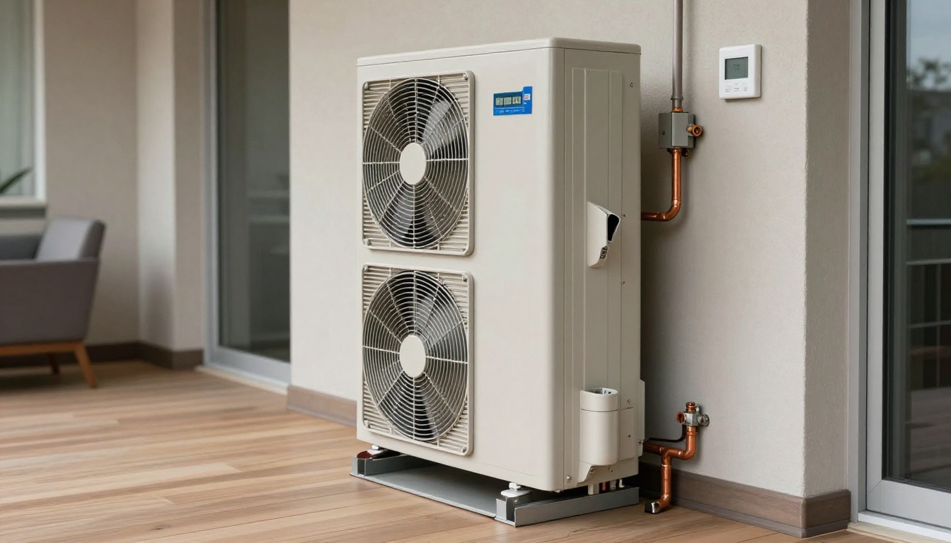 A close-up of a tall vertical condo fan coil unit inside a modern Toronto condo closet with the lower access panel open, showing the filter, drain pan, and copper piping A close-up of a tall vertical condo fan coil unit inside a modern Toronto condo closet with the lower access panel open, showing the filter, drain pan, and copper piping